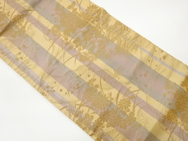 JAPANESE KIMONO / STRIPES / AUTUMN GRASS PATTERN WOVEN NAGOYA OBI